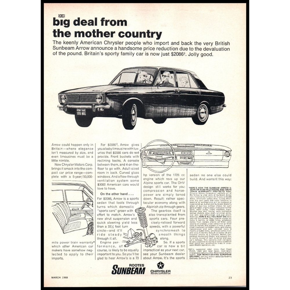 1968 Rootes Sunbeam Arrow Sedan Vintage Print Ad British Family Car Wall Art
